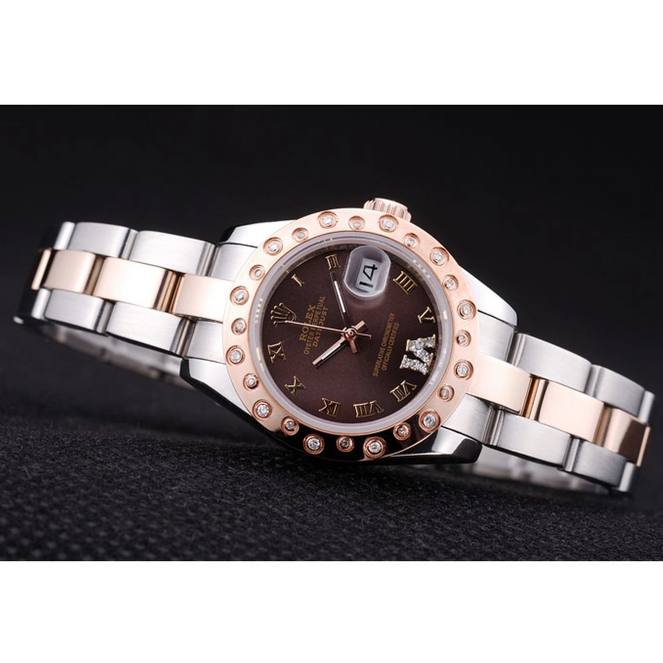 Aaa replica watch Gold Polished Brown Rose Diamonds Dial Rolex Bezel Datejust 7475 0707